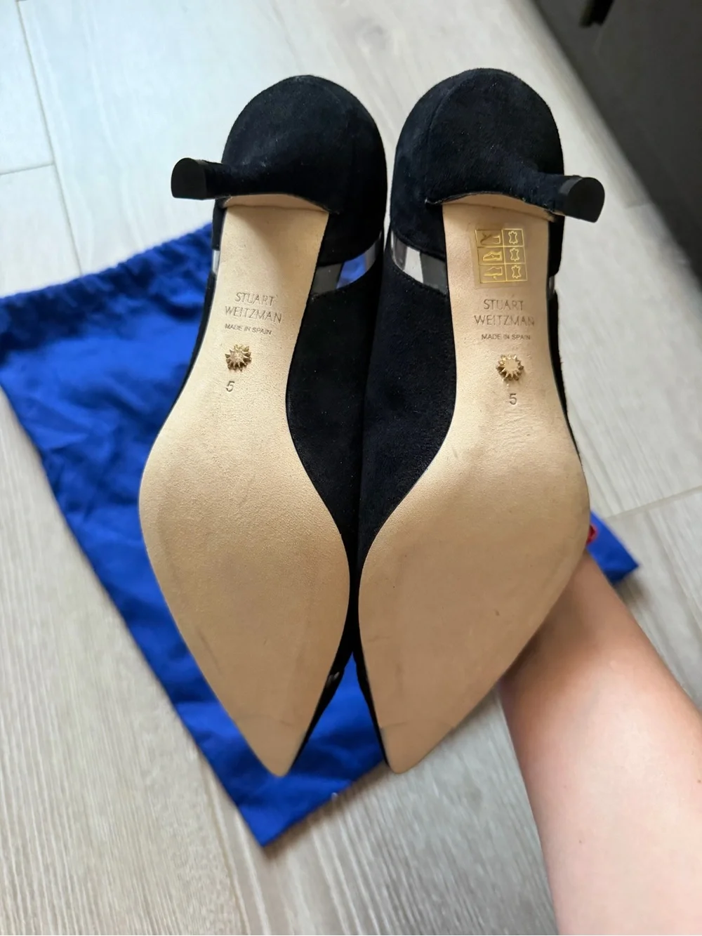 Stuart Weitzman Davia 74 Pumps Black Suede and PVC sleek professional elegant